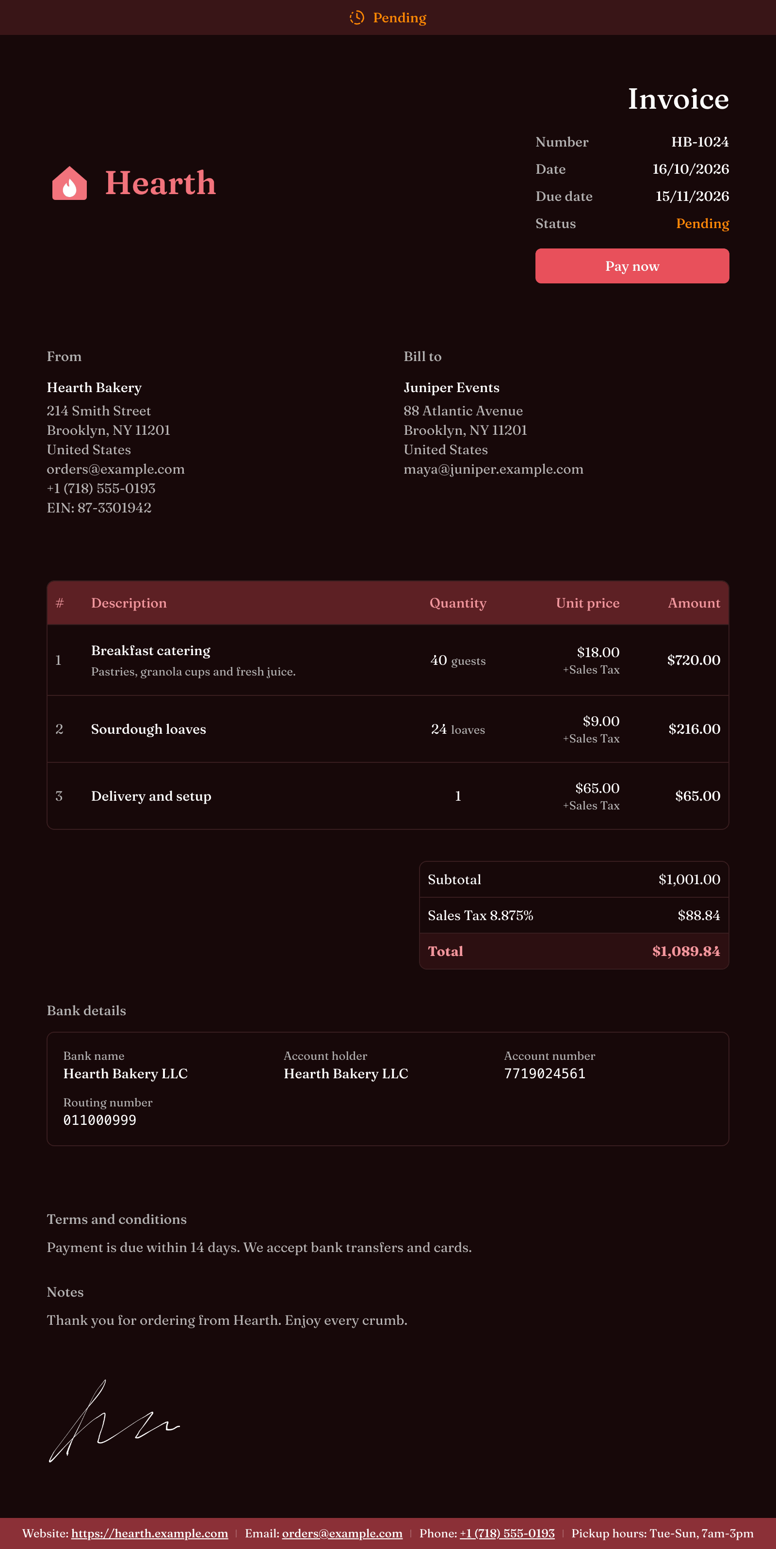 An invoice in the Hearth brand: its logo, colors and font
