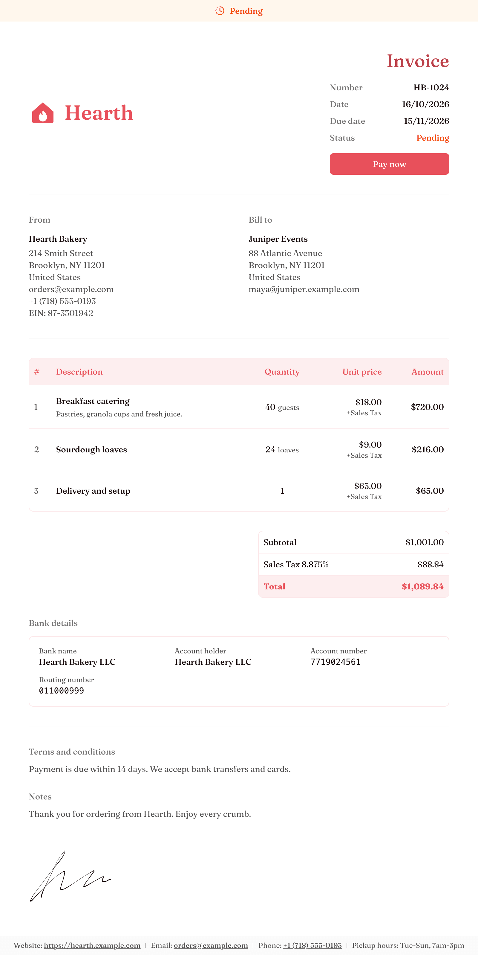 An invoice in the Hearth brand: its logo, colors and font