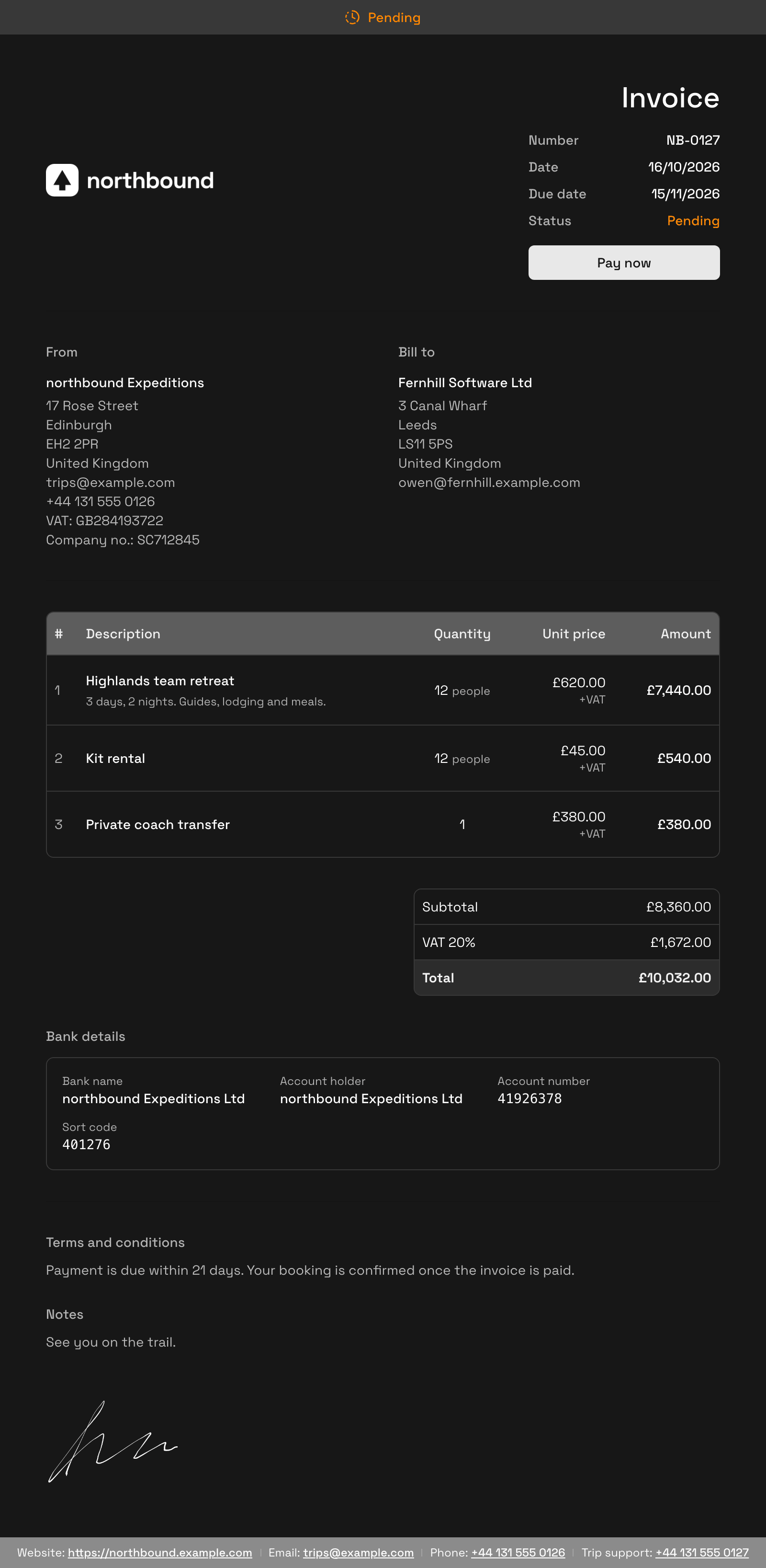 An invoice from northbound Expeditions to Fernhill Software Ltd, created with the API