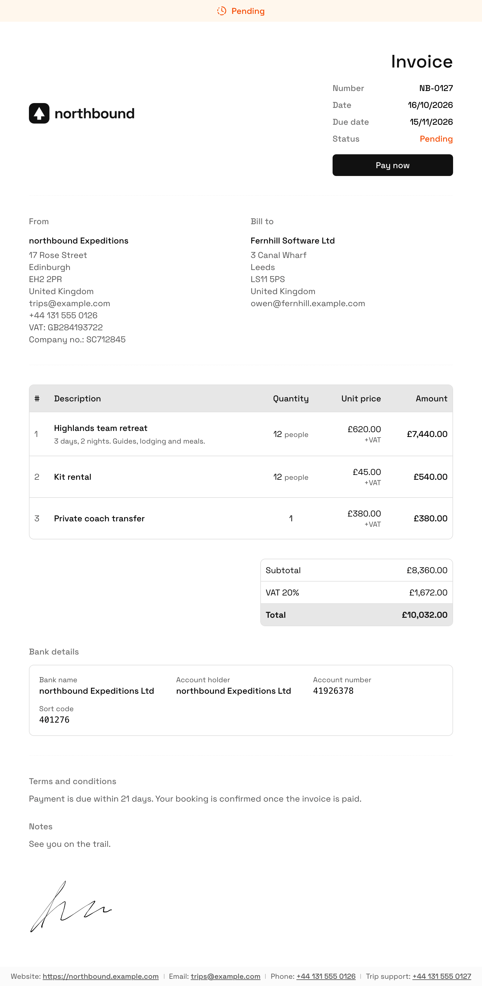 An invoice from northbound Expeditions to Fernhill Software Ltd, created with the API