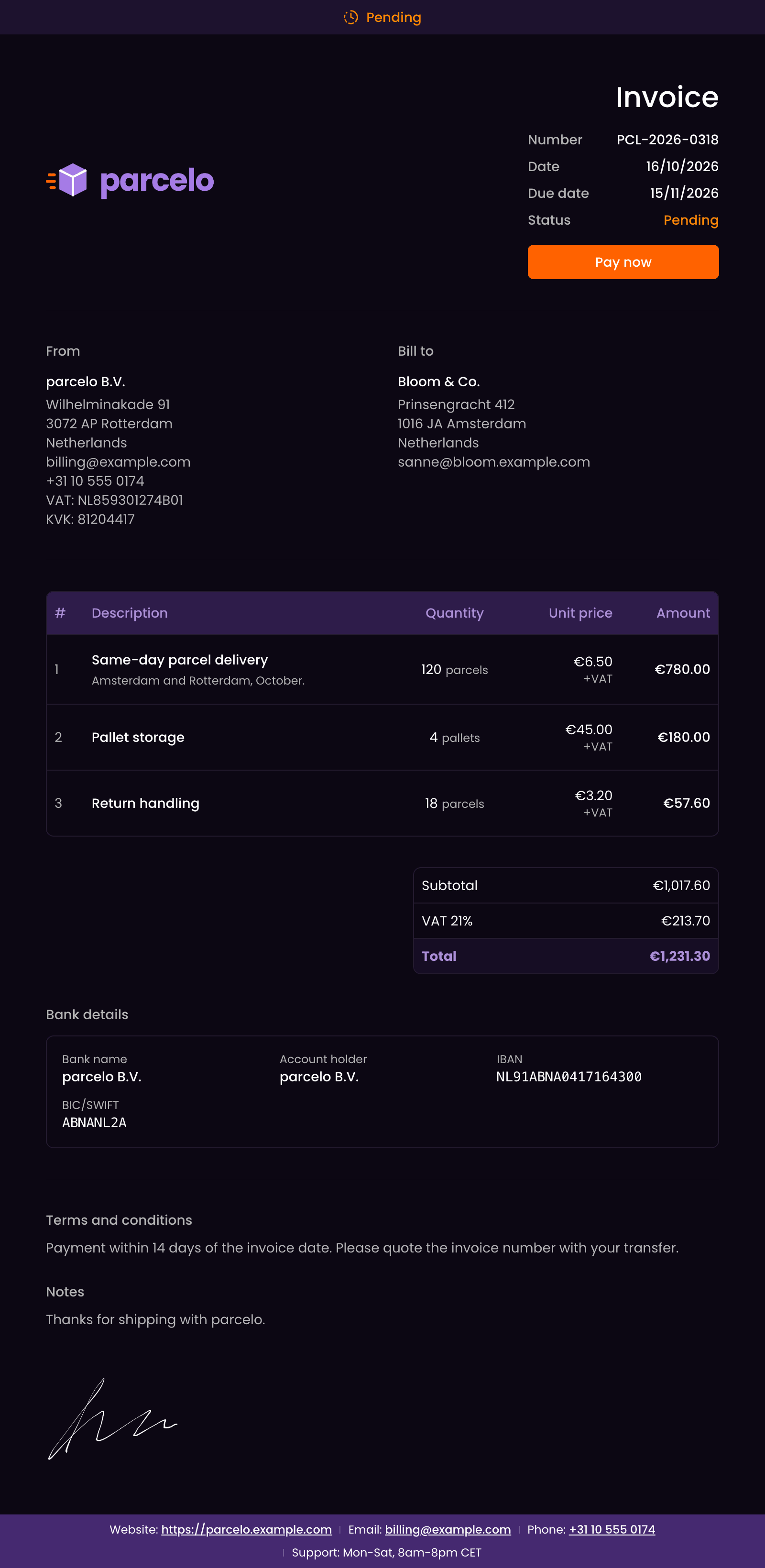 An invoice in the parcelo brand: its logo, colors and font