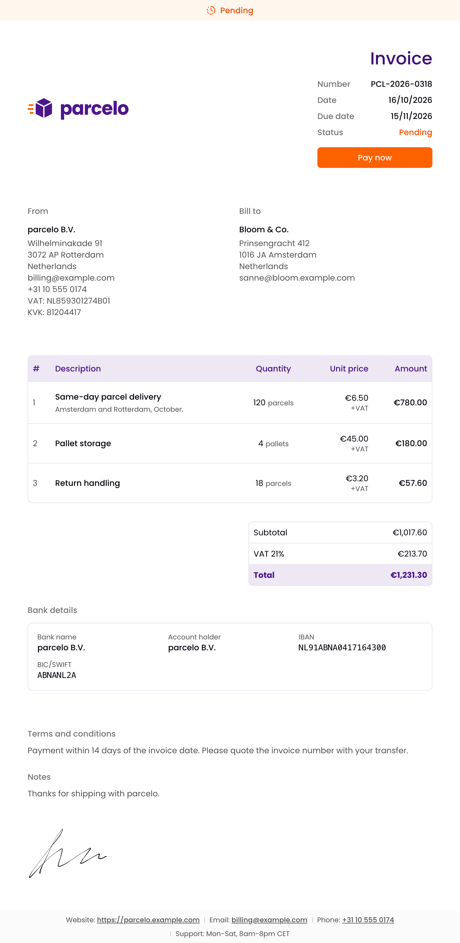 An invoice in the parcelo brand: its logo, colors and font