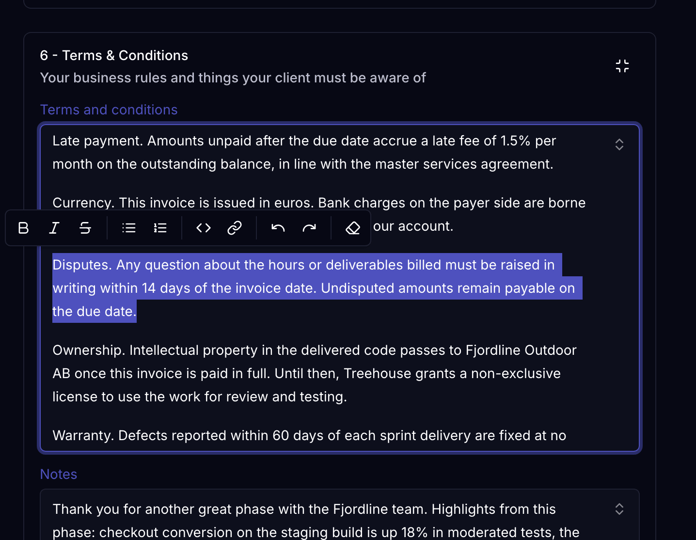 The terms and conditions editor with a paragraph selected and its formatting toolbar
