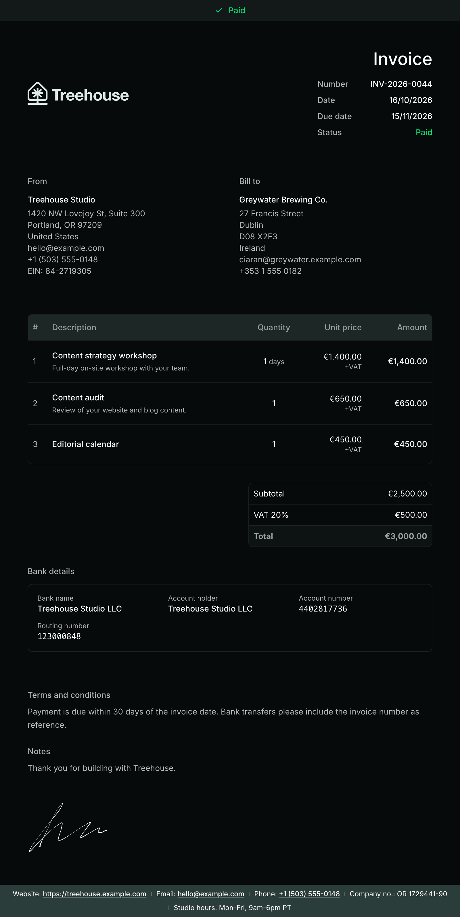 Example of an invoice made with Invoiless