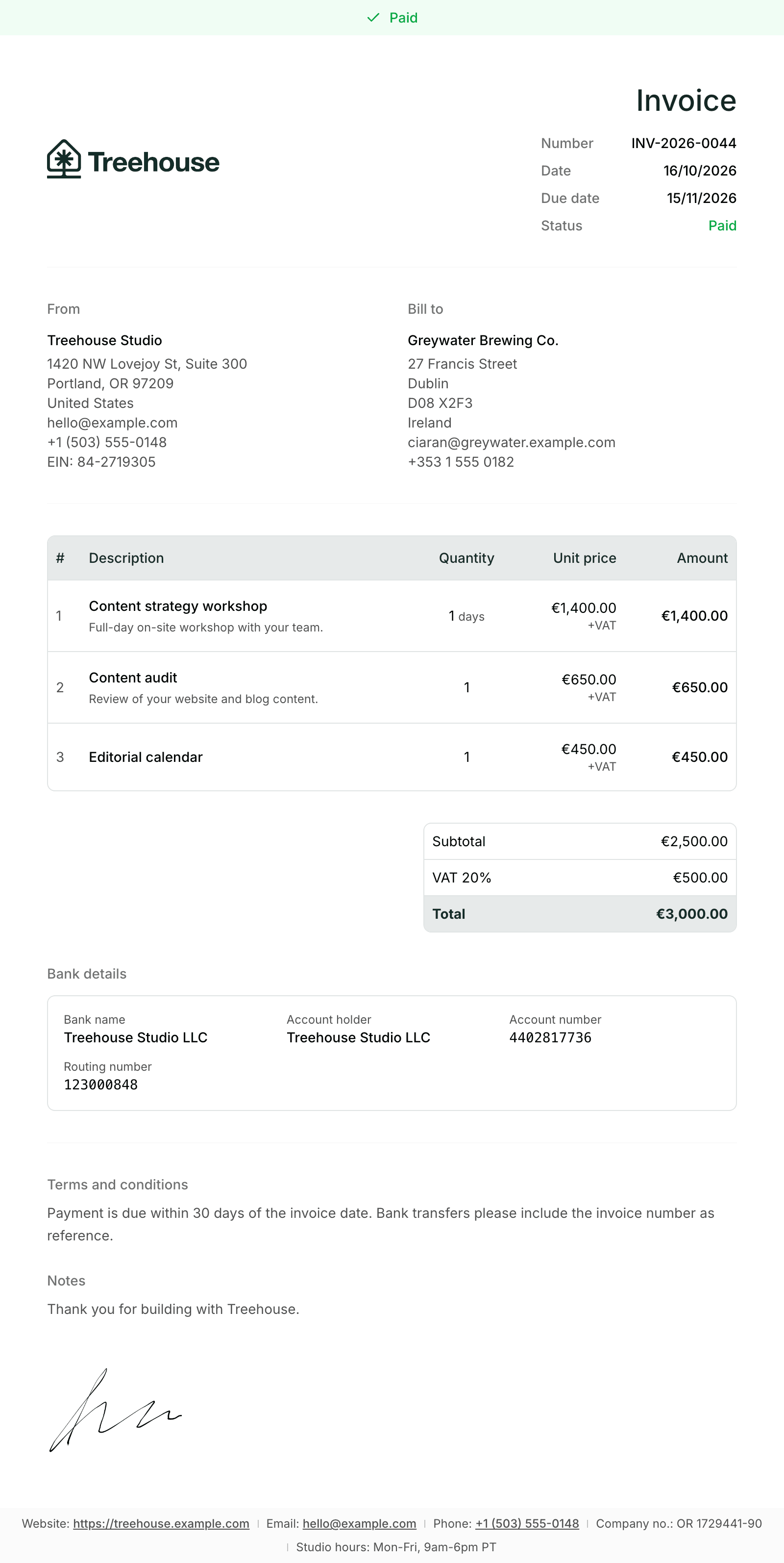 Example of an invoice made with Invoiless