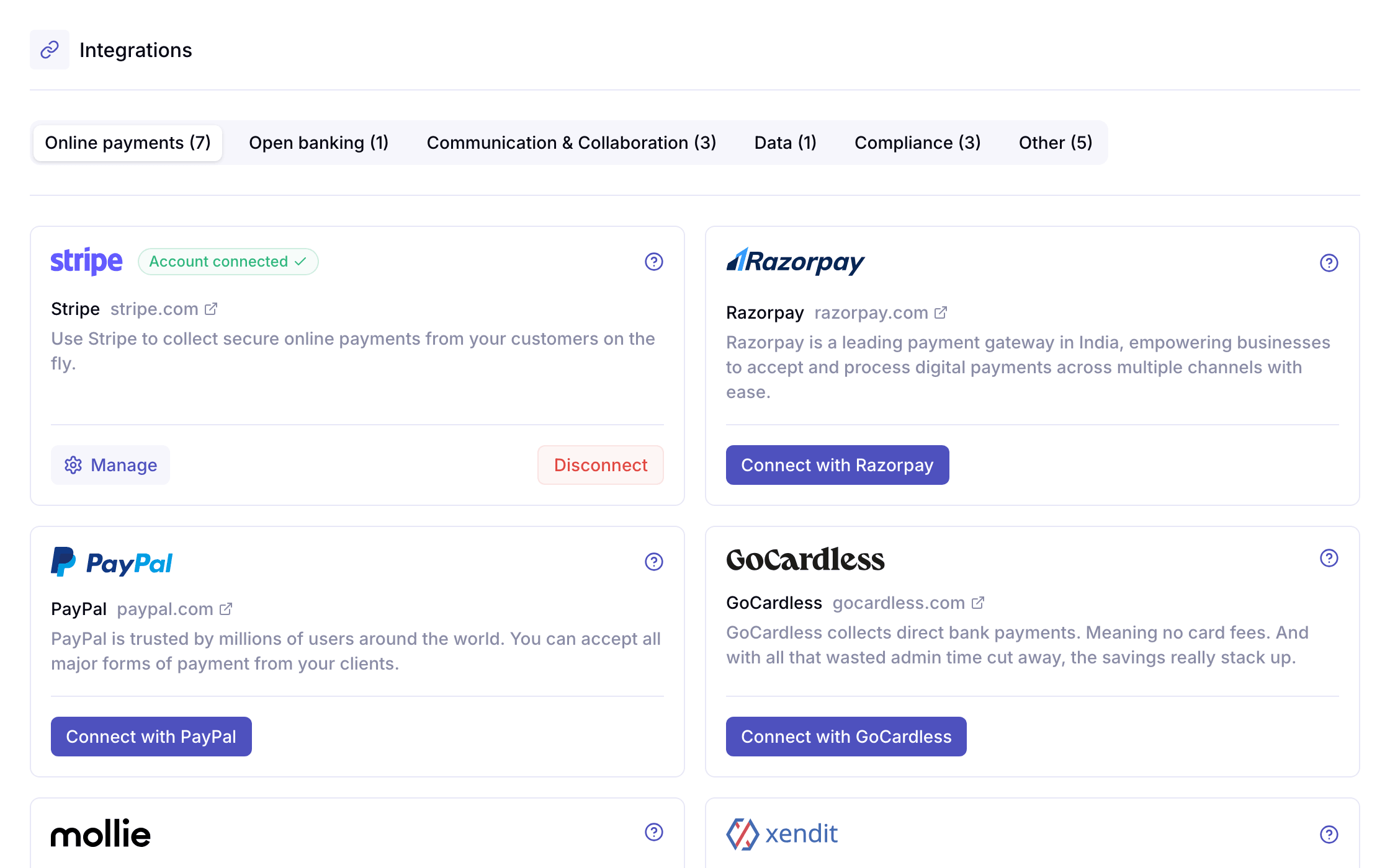 The integrations page with Stripe connected, and Razorpay, PayPal, GoCardless, Mollie and Xendit ready to connect