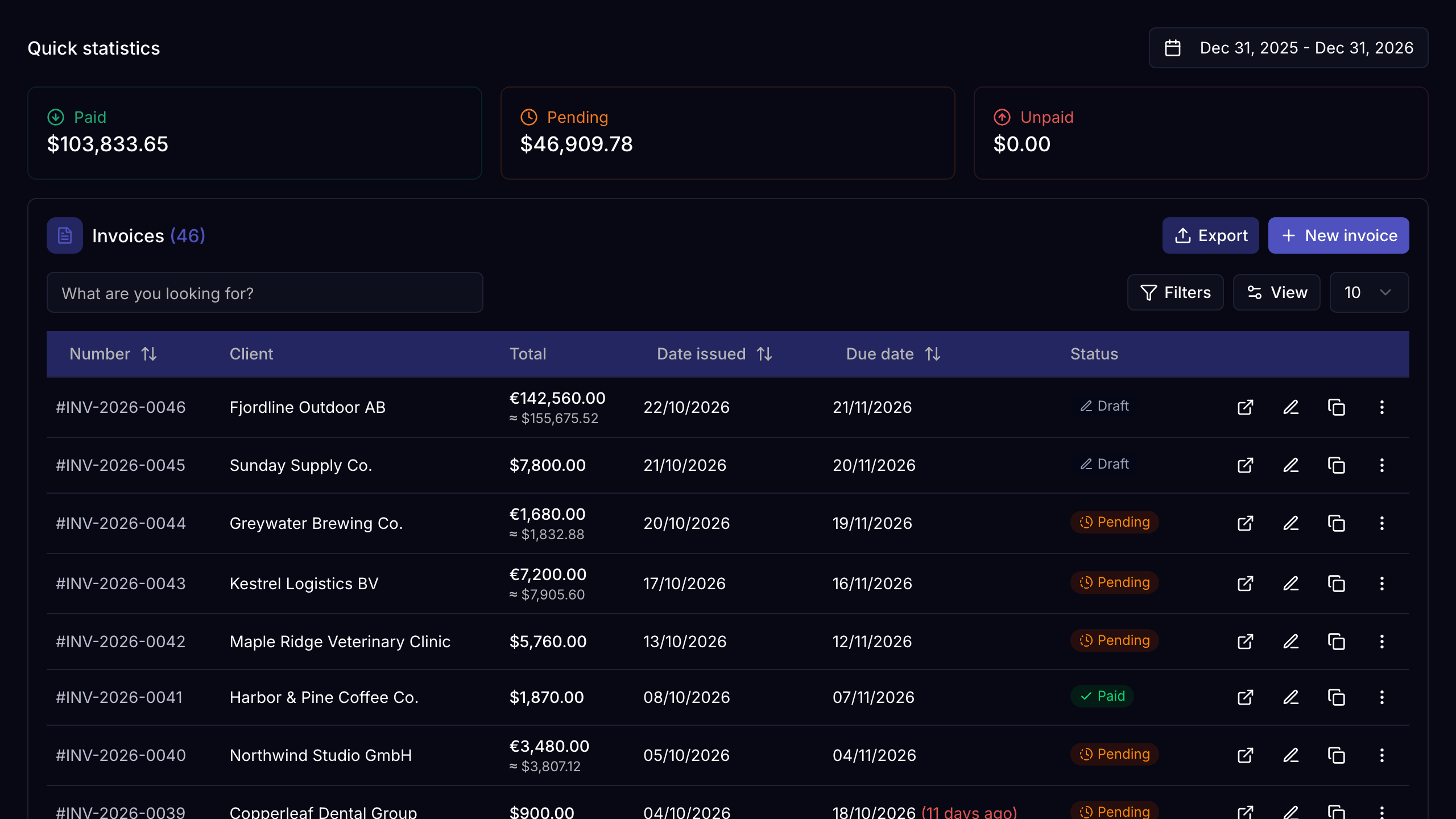 The invoice list in Invoiless with paid, pending and draft invoices and the totals for each status