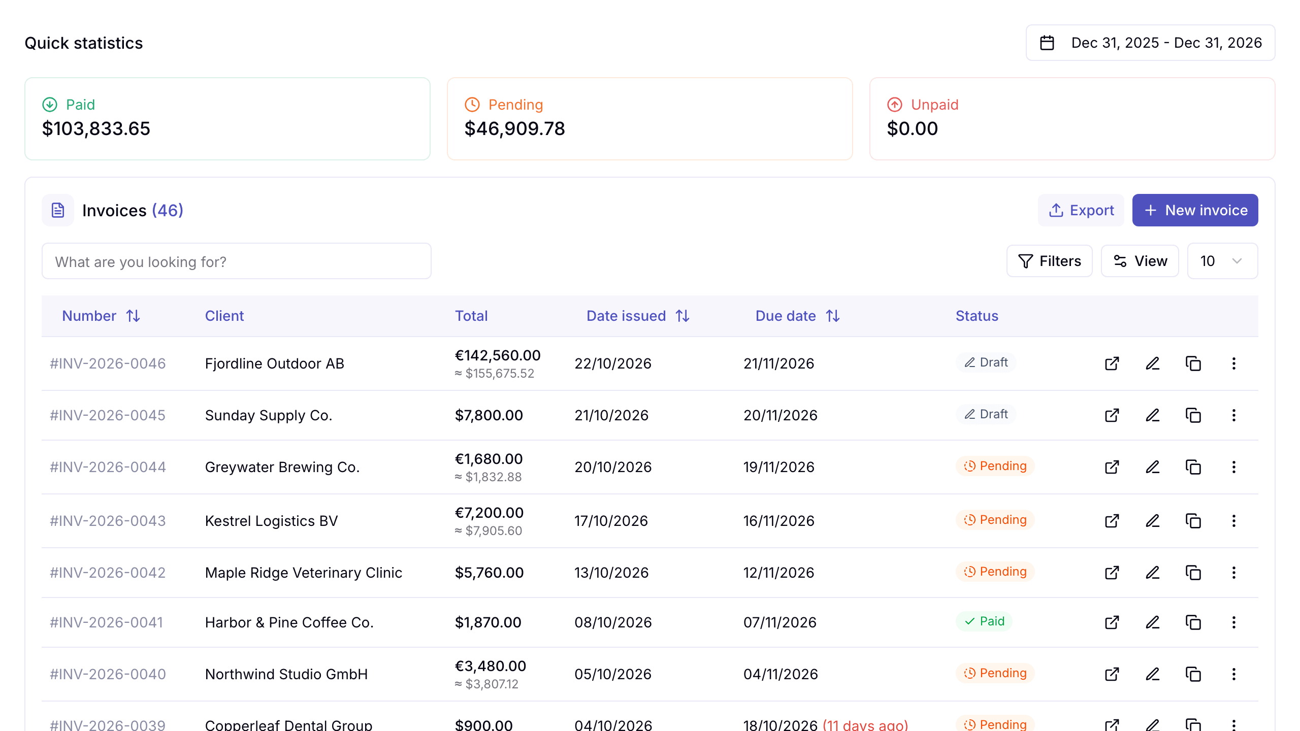 The invoice list in Invoiless with paid, pending and draft invoices and the totals for each status