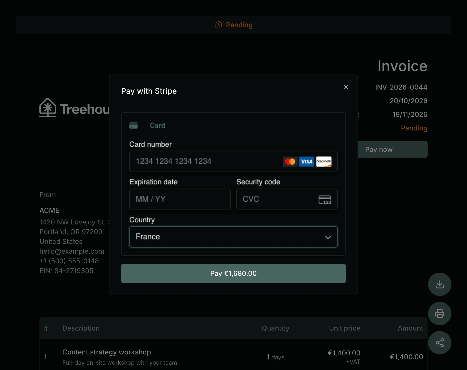 A Treehouse invoice with the Pay with Stripe dialog open for €1,680.00