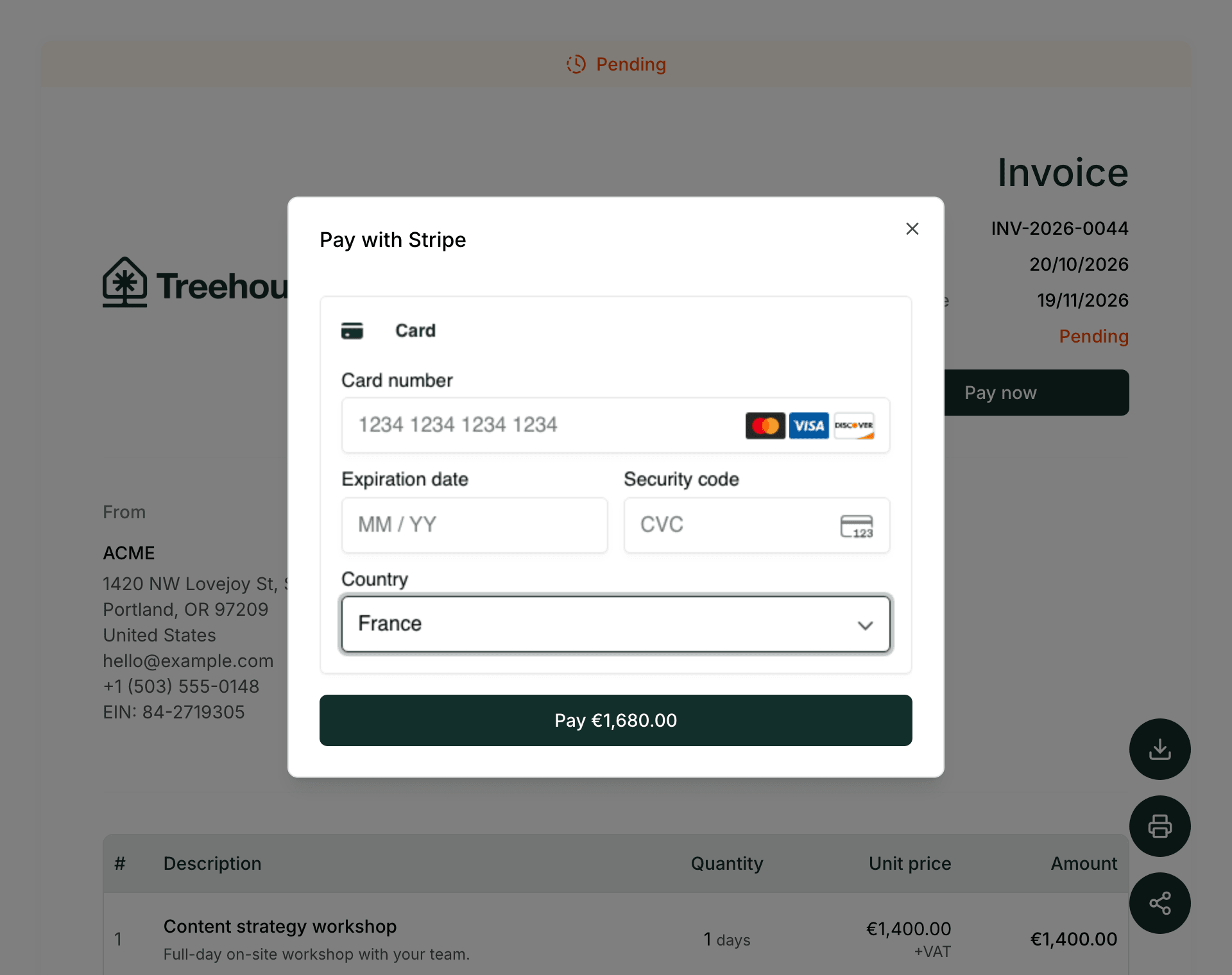 A Treehouse invoice with the Pay with Stripe dialog open for €1,680.00