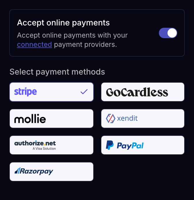The Invoiless online payment settings with payments enabled and Stripe selected alongside GoCardless, Mollie, Xendit, Authorize.net, PayPal and Razorpay