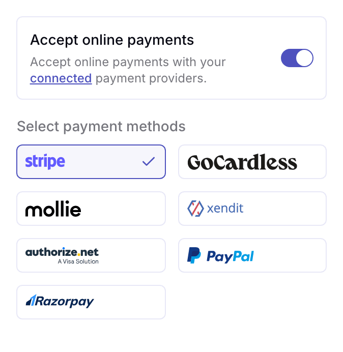 The Invoiless online payment settings with payments enabled and Stripe selected alongside GoCardless, Mollie, Xendit, Authorize.net, PayPal and Razorpay