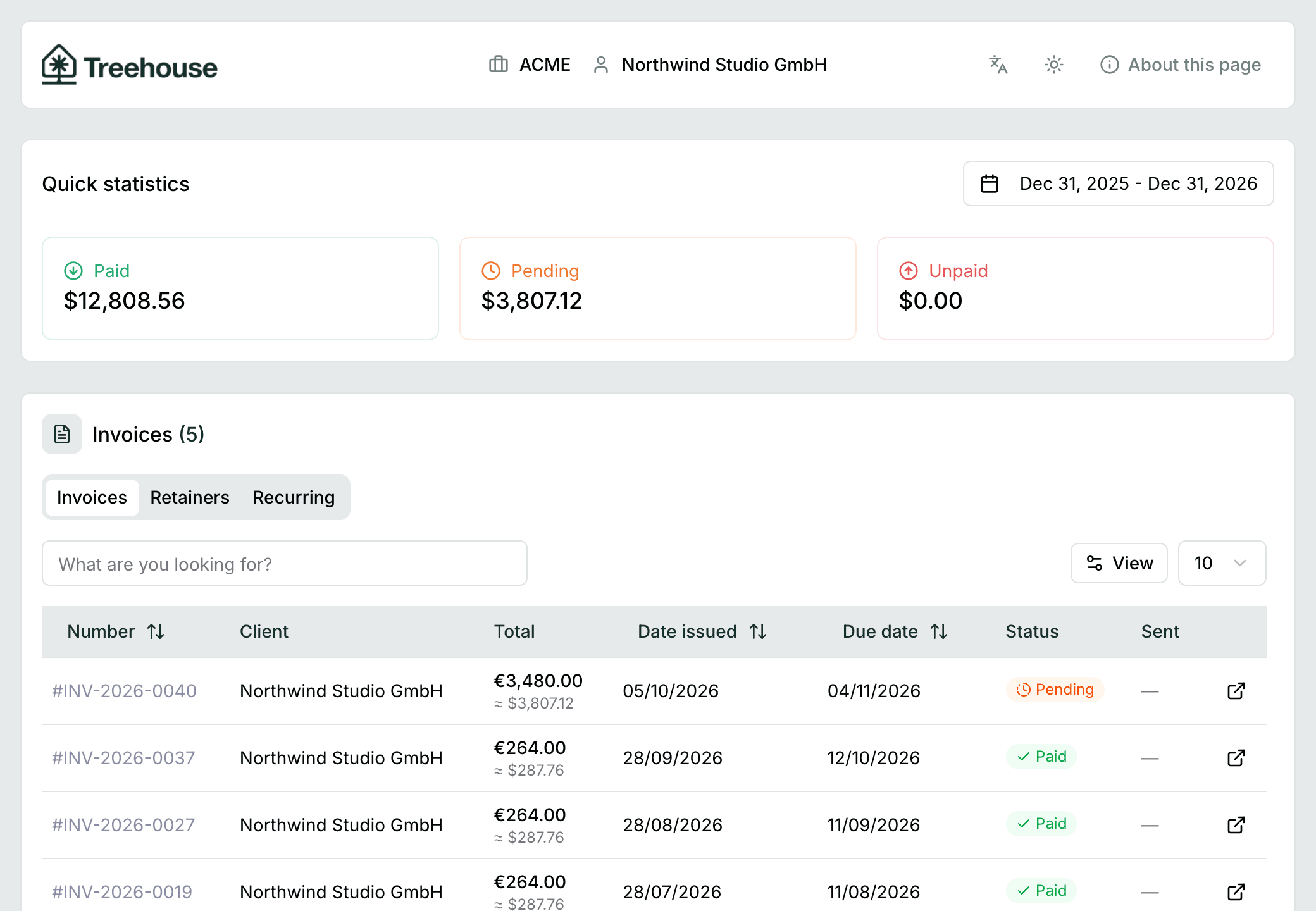 The Treehouse customer portal for Northwind Studio GmbH, with paid and pending invoices
