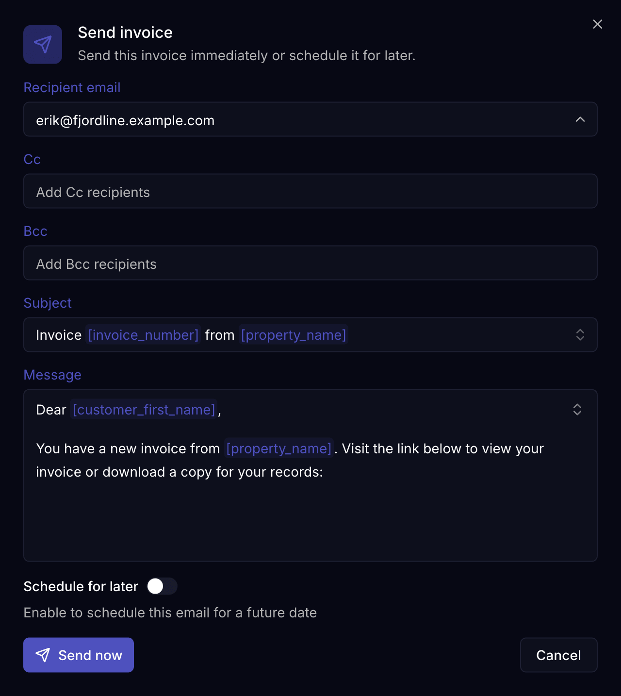 The Send invoice dialog with recipient, Cc, Bcc, subject and message fields, and a Schedule for later switch