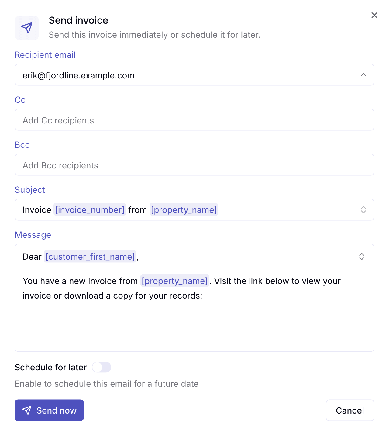 The Send invoice dialog with recipient, Cc, Bcc, subject and message fields, and a Schedule for later switch