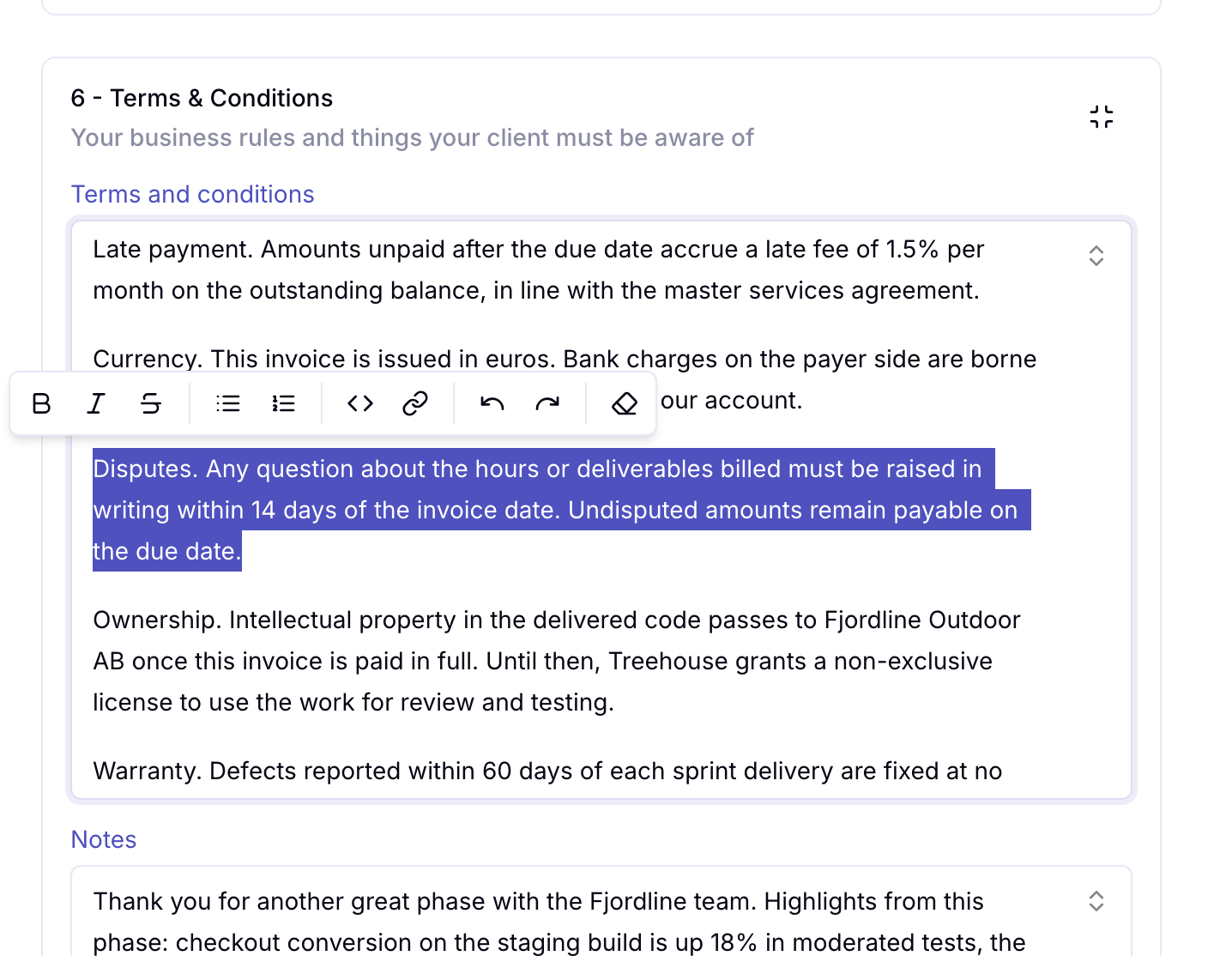 The terms and conditions editor with a paragraph selected and its formatting toolbar