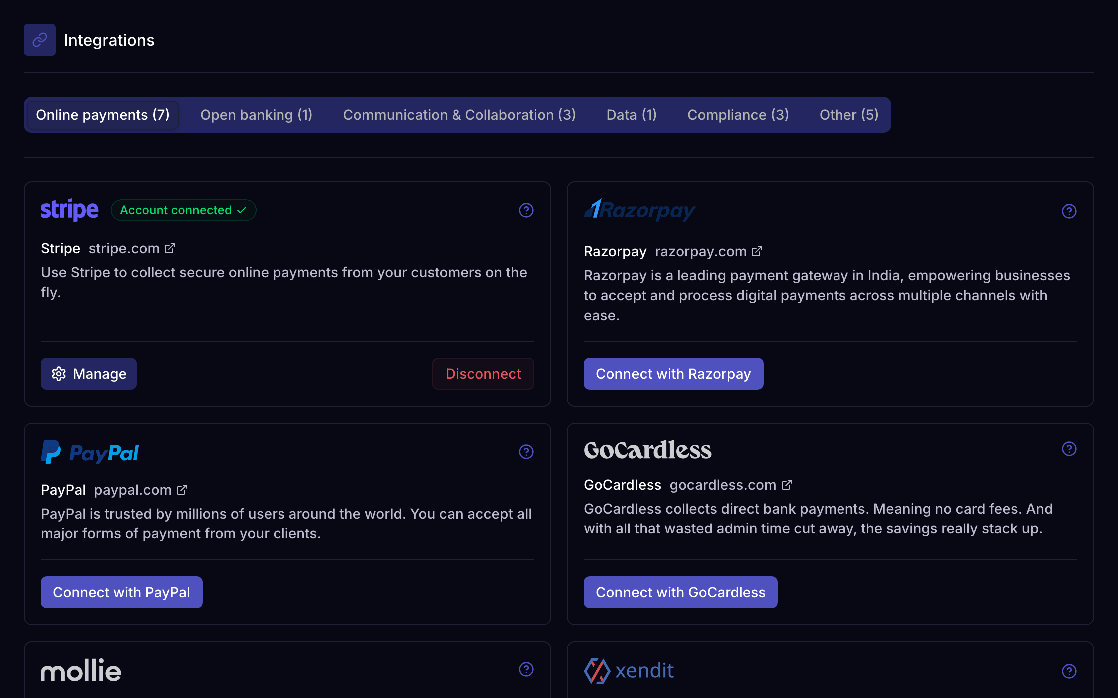 The integrations page listing Stripe, PayPal, GoCardless, Razorpay, Mollie and Xendit